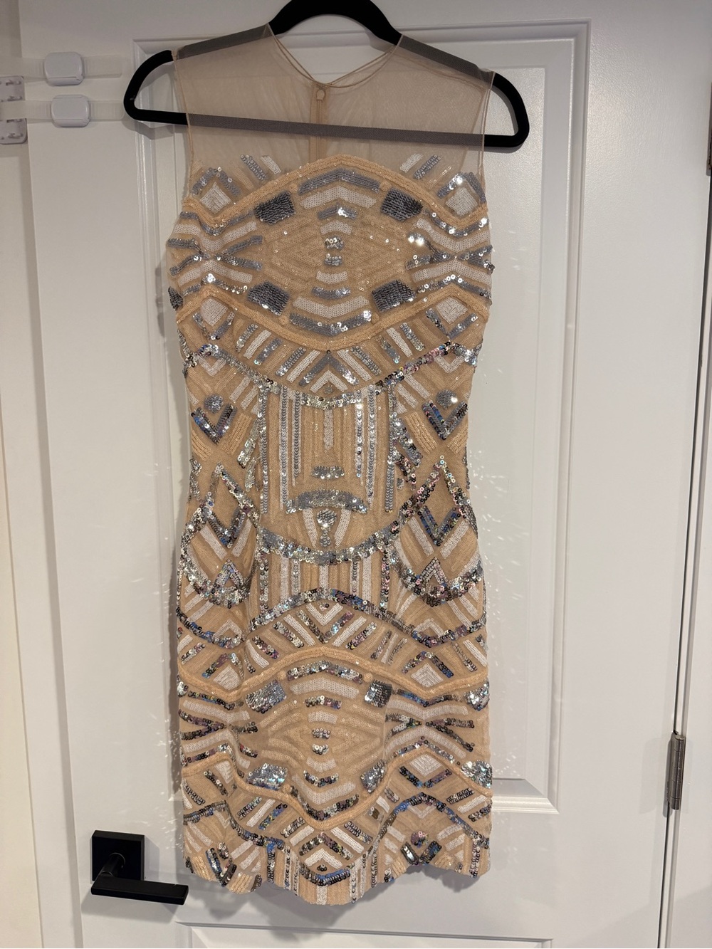 Marc Bouwer Sequin Embellished Sheer Illusion Dress Nude Silver Women Homecoming